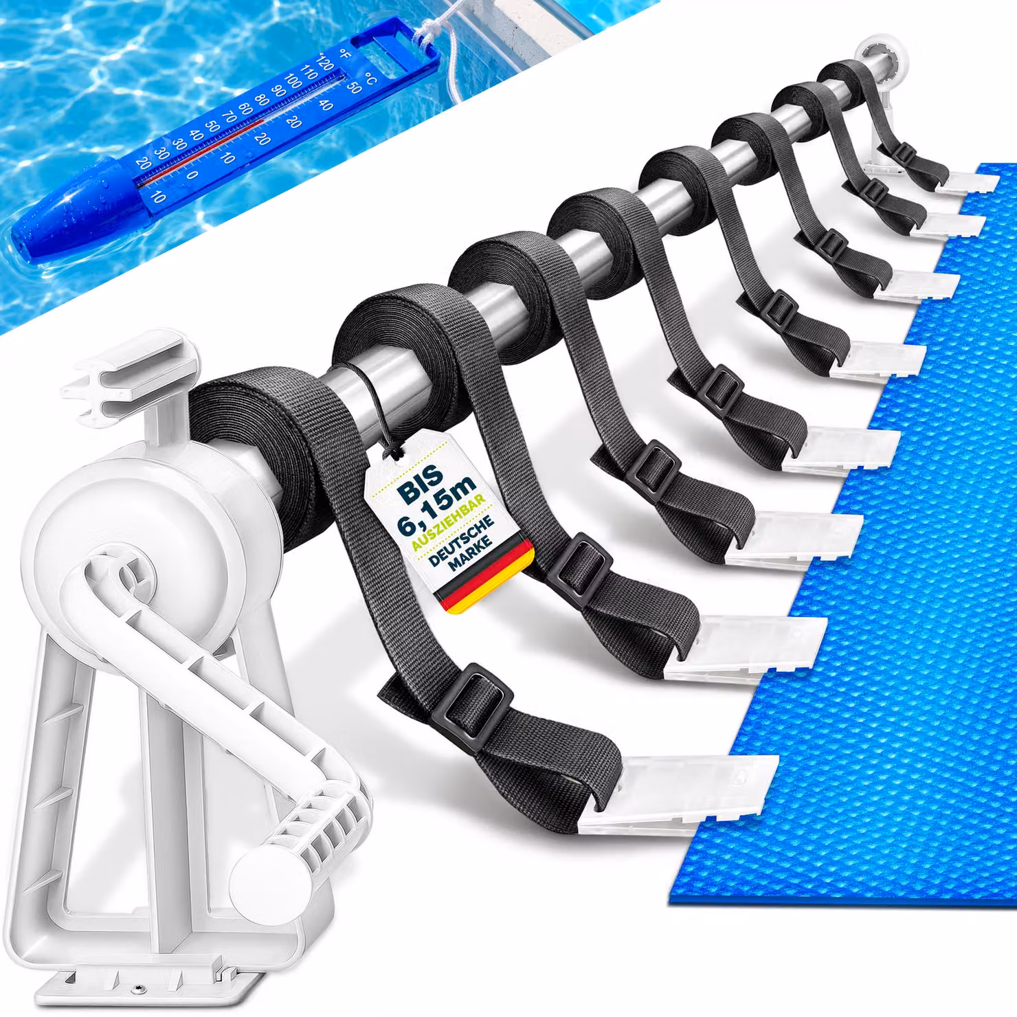 Avvolgitore per piscine Tillvex Premium 1,05-6,15 m con termometro e nastri | Sistema di avvolgimento per teli solari | Dispositivo di avvolgimento mobile per teli e coperture per piscine | Materiale resistente alle intemperie