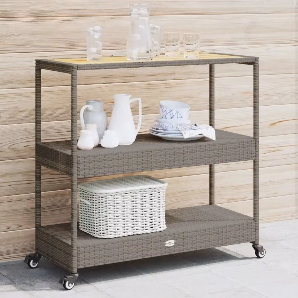 Carrello da Bar Outsunny a 3 Livelli in Polyrattan Grigio e Legno di Acacia con Ruote L/P/H: 101 x 40 x 100 cm – 2