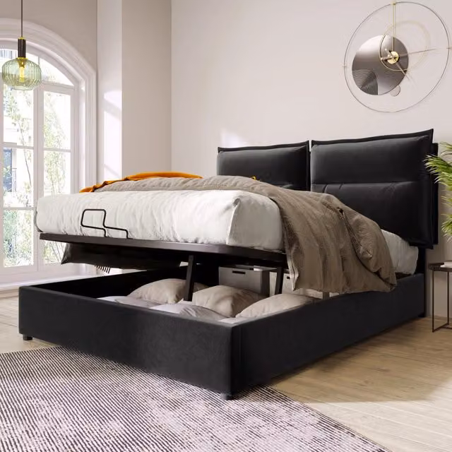 Letto matrimoniale 140 × 200 cm con contenitore idraulico, testiera regolabile e materasso incluso, nero