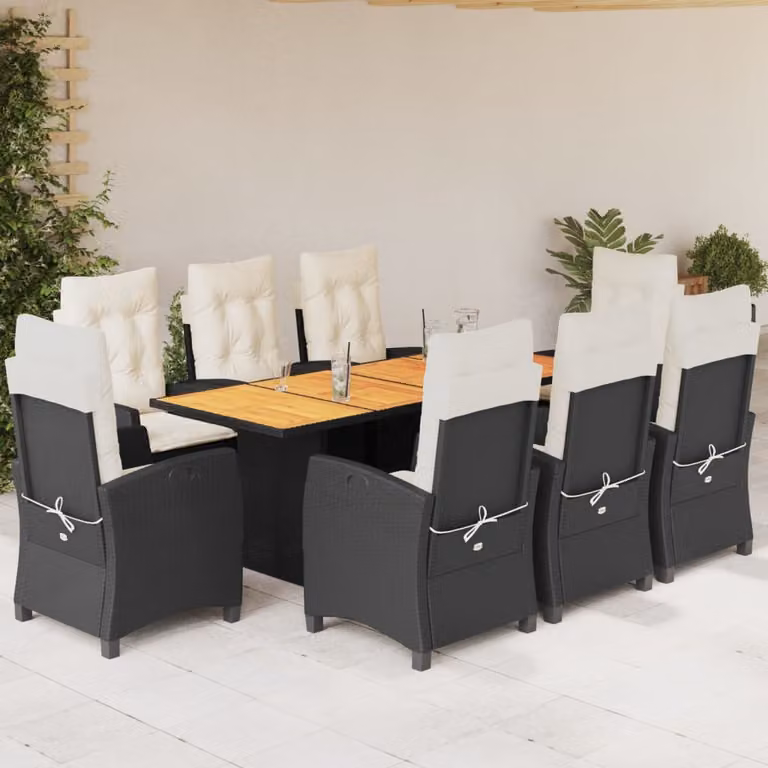 Set da pranzo da giardino vidaXL in legno di acacia oliato e polyrattan con 9 pezzi, nero e bianco