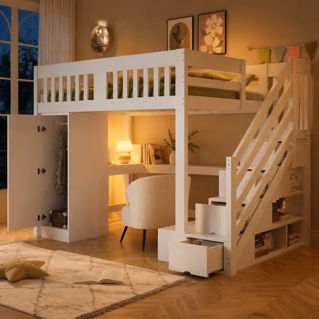 Letto a soppalco in legno 140x200 cm con scala contenitore, scrivania con presa europea, LED multicolore, armadio e panca storage, bianco