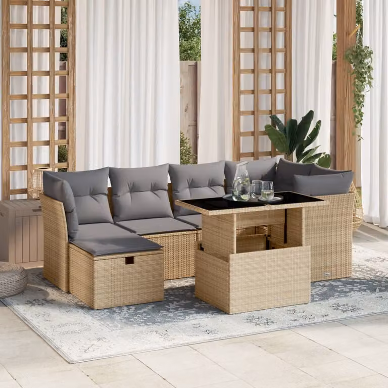 Set di divani da giardino vidaXL in 7 pezzi con cuscini beige e grigi in polyrattan e struttura in metallo