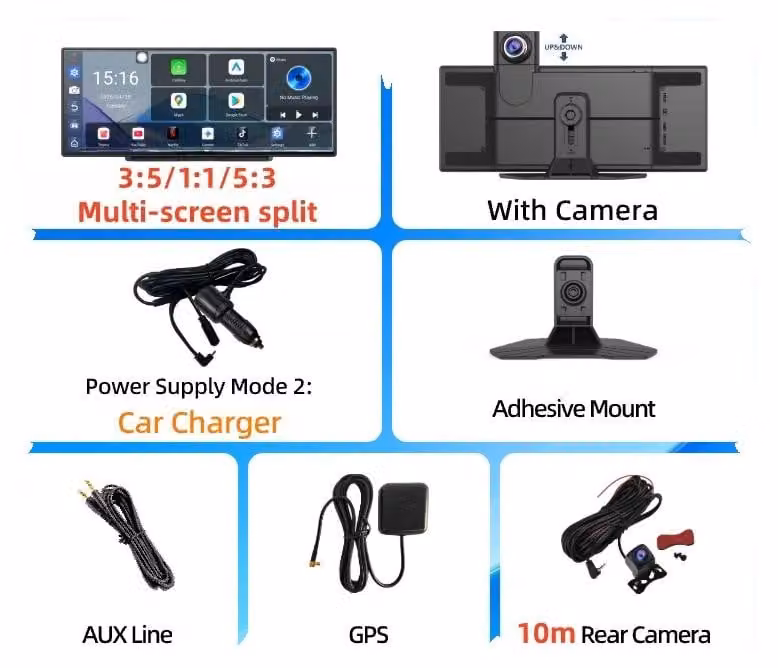 Registratore video per auto, con doppia connessione Wi-Fi, funzionalità di schermo diviso, 4G di RAM, telecamera posteriore da 10 metri, include scheda TF da 128G