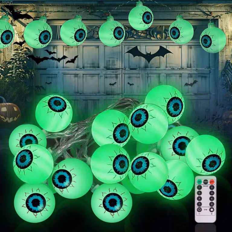 Catena luminosa a LED a forma di occhio di Halloween, lunghezza 3 metri, 20 LED, colore verde, 8 modalità
