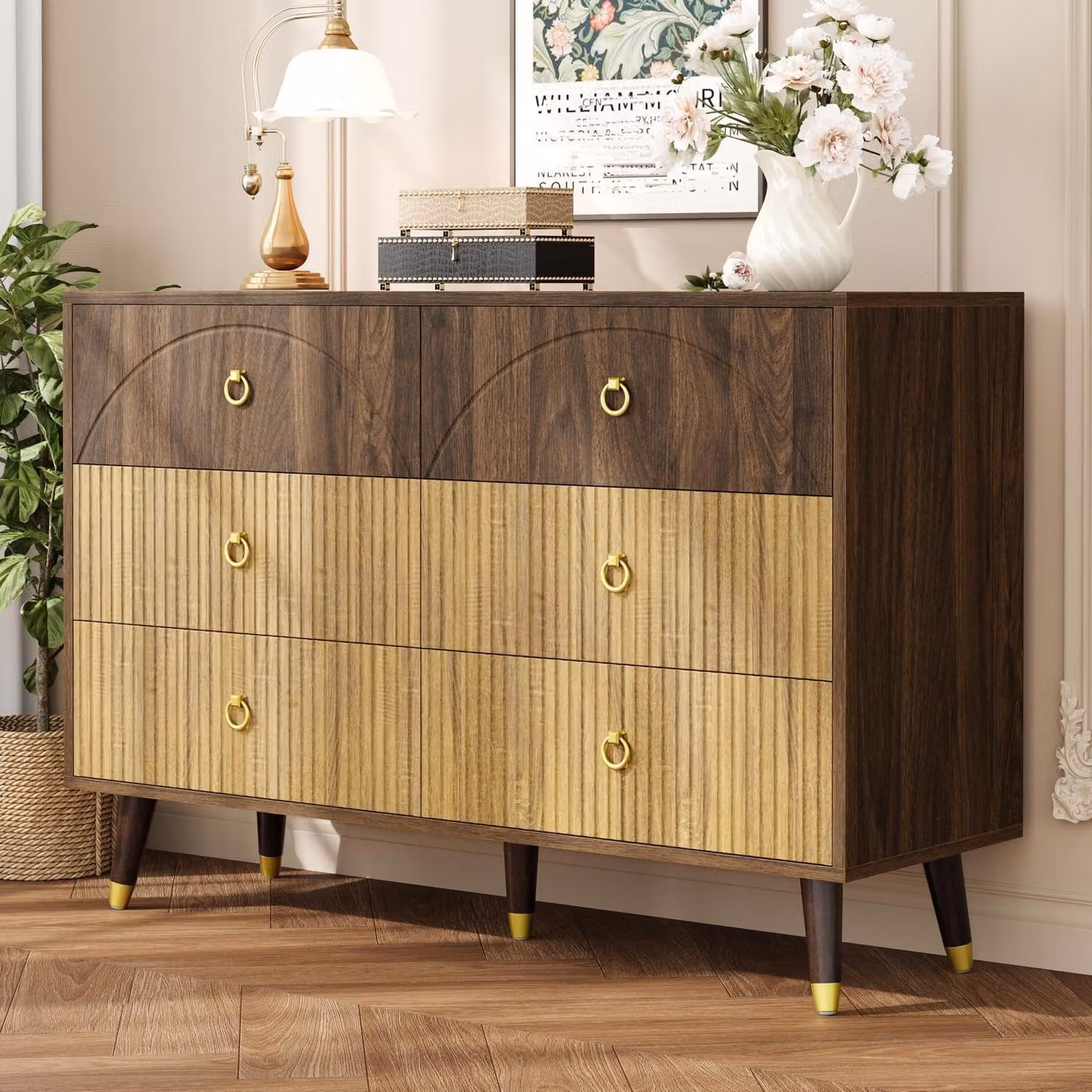 Mobile contenitore con 6 cassetti, dimensioni 120x40x81 cm, design in legno bicolore, finitura naturale