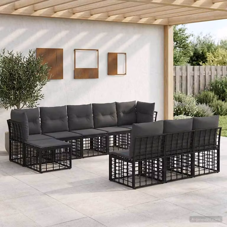 Set di divani da esterno a forma di U vidaXL con pouf e cuscini, struttura in acciaio verniciato a polvere e tessuto resistente ai raggi UV, colori nero, grigio e antracite