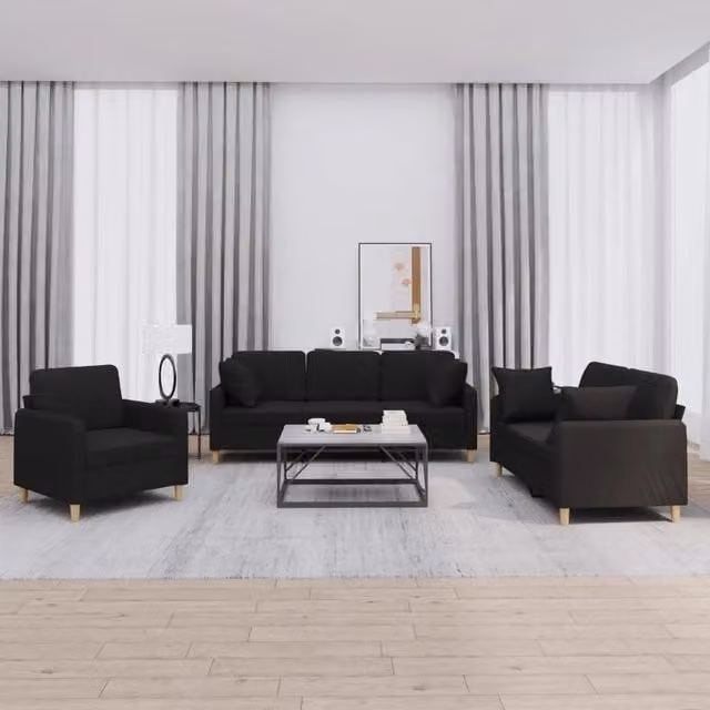 Set di divani 3 pezzi vidaXL in tessuto nero con cuscini per soggiorno moderno – 1