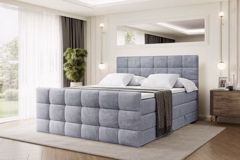 Letto boxspring ALTDECOR con materasso e rete a doghe - BRUGO -Z KING - 200x200 cm - Velluto grigio - Topper, pediera, letto imbottito con contenitore, letto con vano portaoggetti H3 e H4 - Materasso, letto matrimoniale, letto boxspring