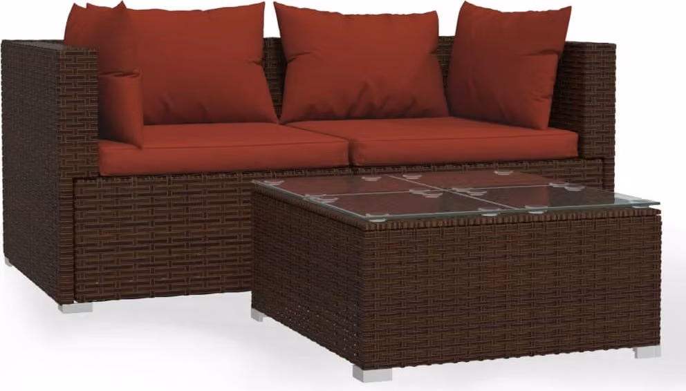 Set Divano da Giardino 3 pz con Cuscini in Polyrattan Marrone
