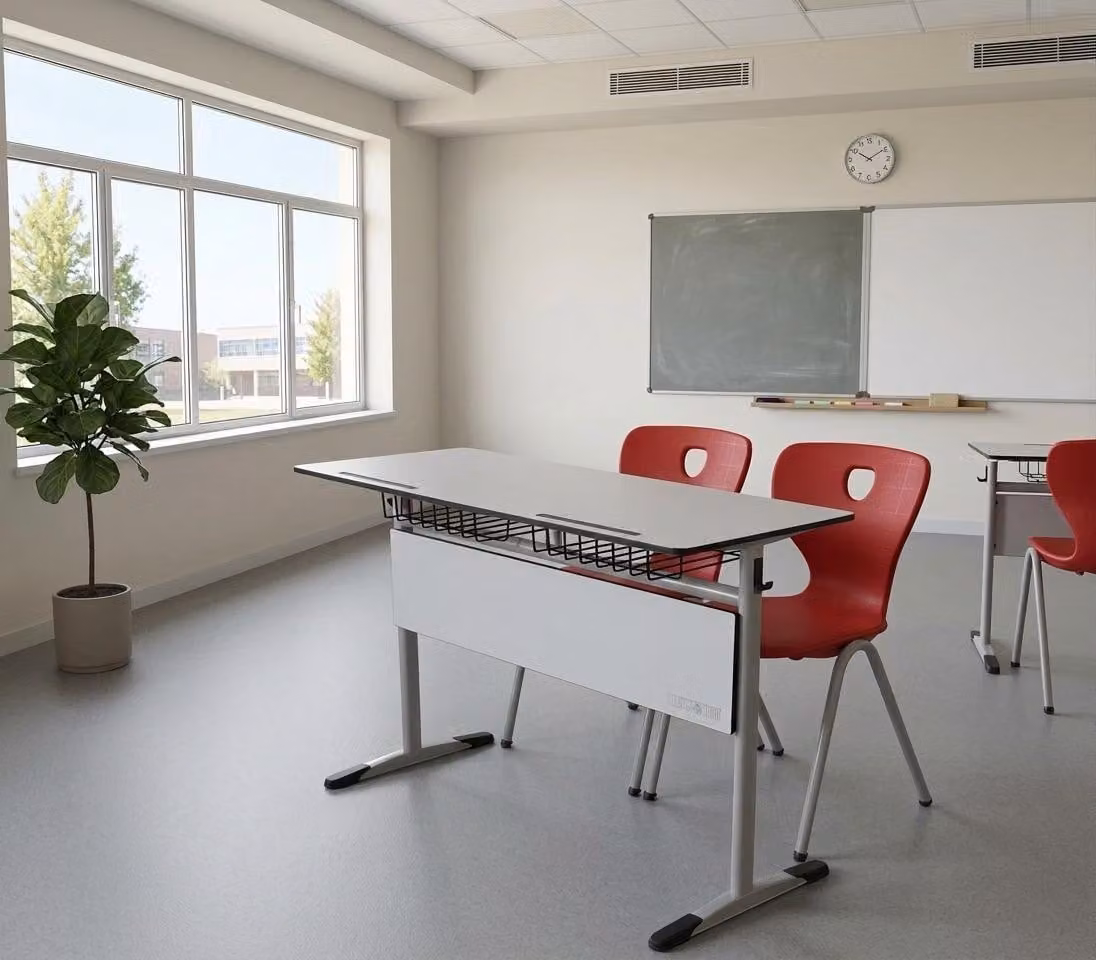 Set scolastico moderno ed ergonomico, grigio: banco rosso e sedia a due posti