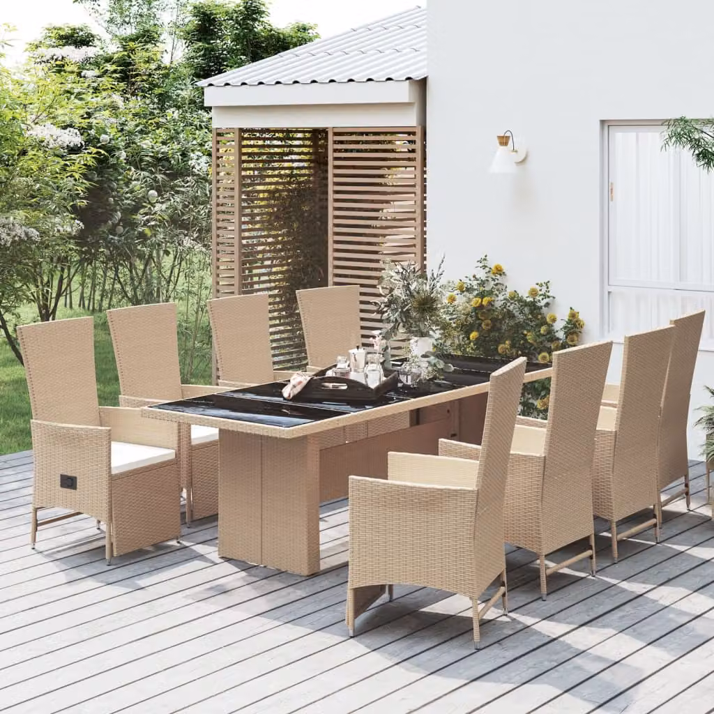 Set da pranzo da giardino vidaXL in polyrattan con tavolo in legno di acacia e cuscini beige e bianchi, 9 pezzi