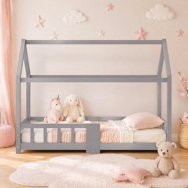 Letto a casetta per bambini REDOM in legno di pino e MDF, colore grigio, dimensioni 90x200 cm