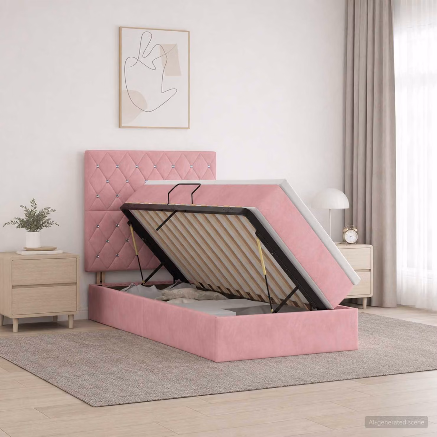 Letto con contenitore e materasso vidaXL in velluto rosa con base a sollevamento L/P/H: 100 x 200 x 128 cm