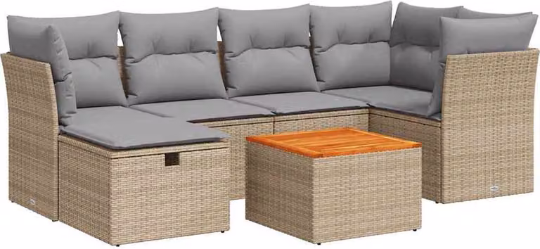 Set Divani da Giardino 7 pz con Cuscini Beige in Polyrattan