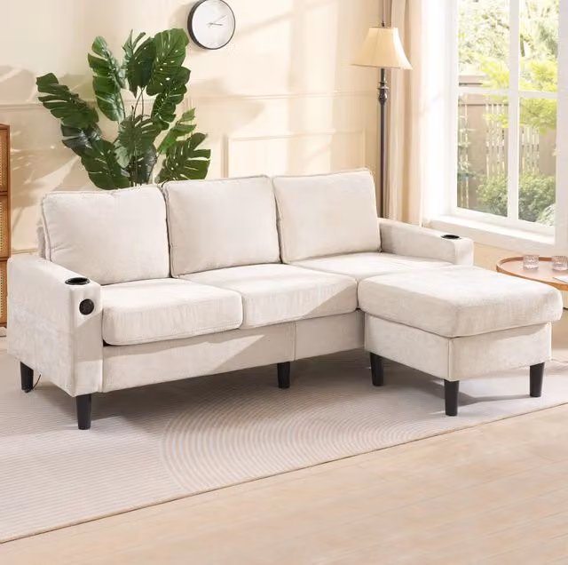 Divano angolare a L con USB e Type-C; 2 portabicchieri; lino beige; 202x137x80 cm