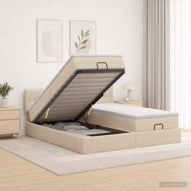 Letto matrimoniale con contenitore a sollevamento e materasso ibrido vidaXL, colore beige e bianco, L/P/H: 200 x 200 x 88 cm