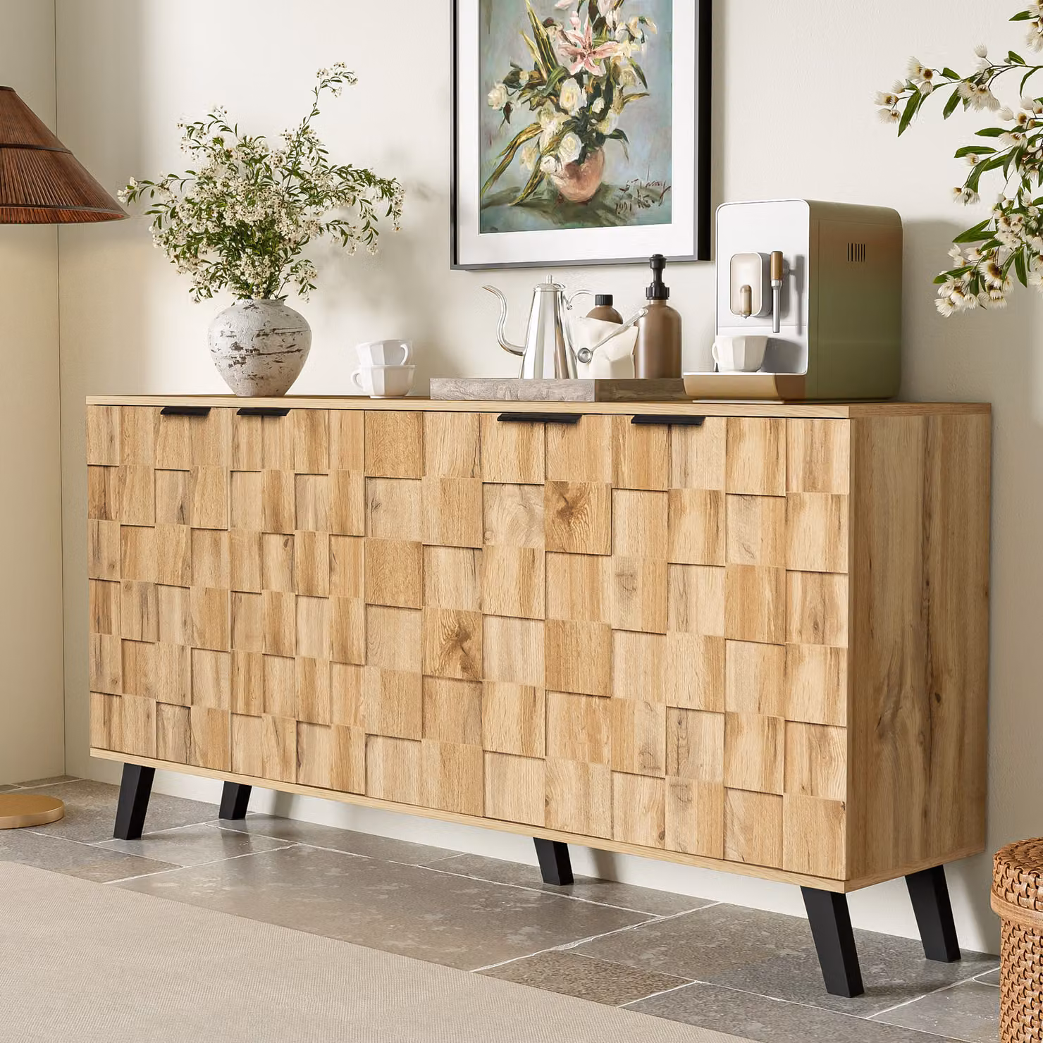okwish Comodino Mobile da cucina con ampio spazio di contenimento, mobile a 4 ante, mobile con cassetti per il soggiorno, 160,5 x 35,5 x 78 cm, naturale
