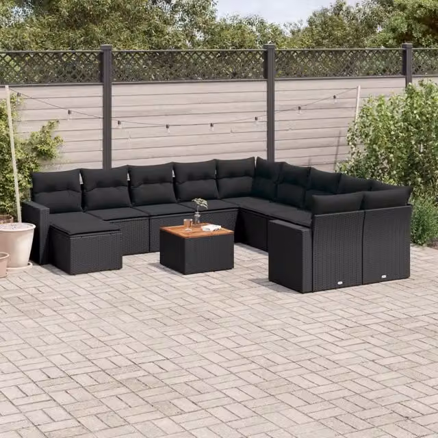 Set di Divani da Giardino Moderno VIDAXL in Polyrattan Nero con Cuscini, 12 Posti – 1