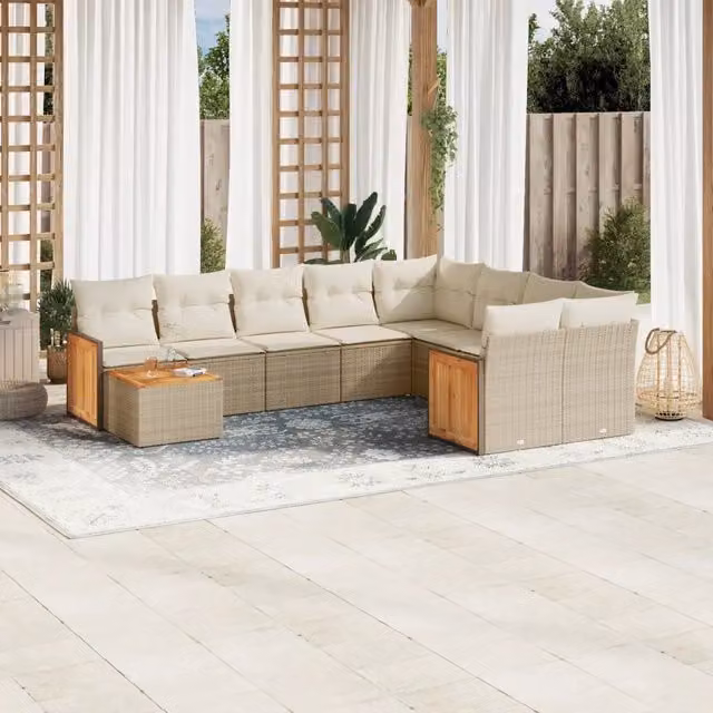 Set Divano da Giardino Moderno a L VIDAXL in Polyrattan con Cuscini Beige, 10 Pezzi