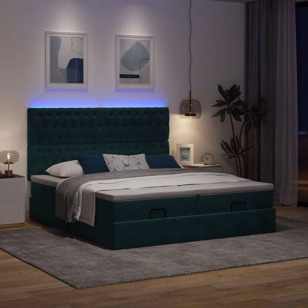 Letto con contenitore e materasso vidaXL in velluto verde e bianco, con base a sollevamento, illuminazione sottostante e porta USB, L: 180 cm, P: 200 cm, H: 203 cm