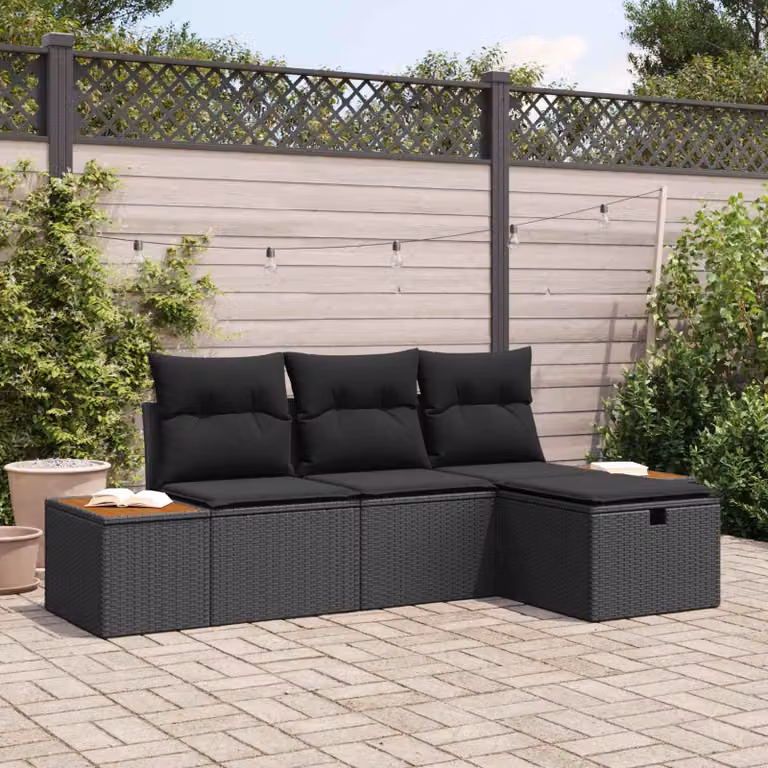 Set Divano da Giardino a L vidaXL 4 Pezzi Nero con Ottoman e Cuscini in Polyrattan e Acciaio