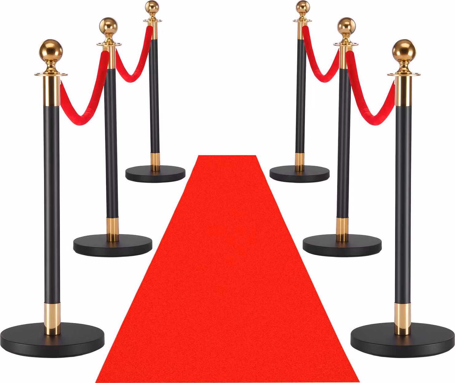SucceBuy barriere di paletti 6 pezzi, sistema di controllo della folla con tappeto rosso (10 m) e 4 corde di velluto rosso (1,5 m), supporto per barriere con base ricaricabile per eventi, mostre, hotel e cinema (nero)