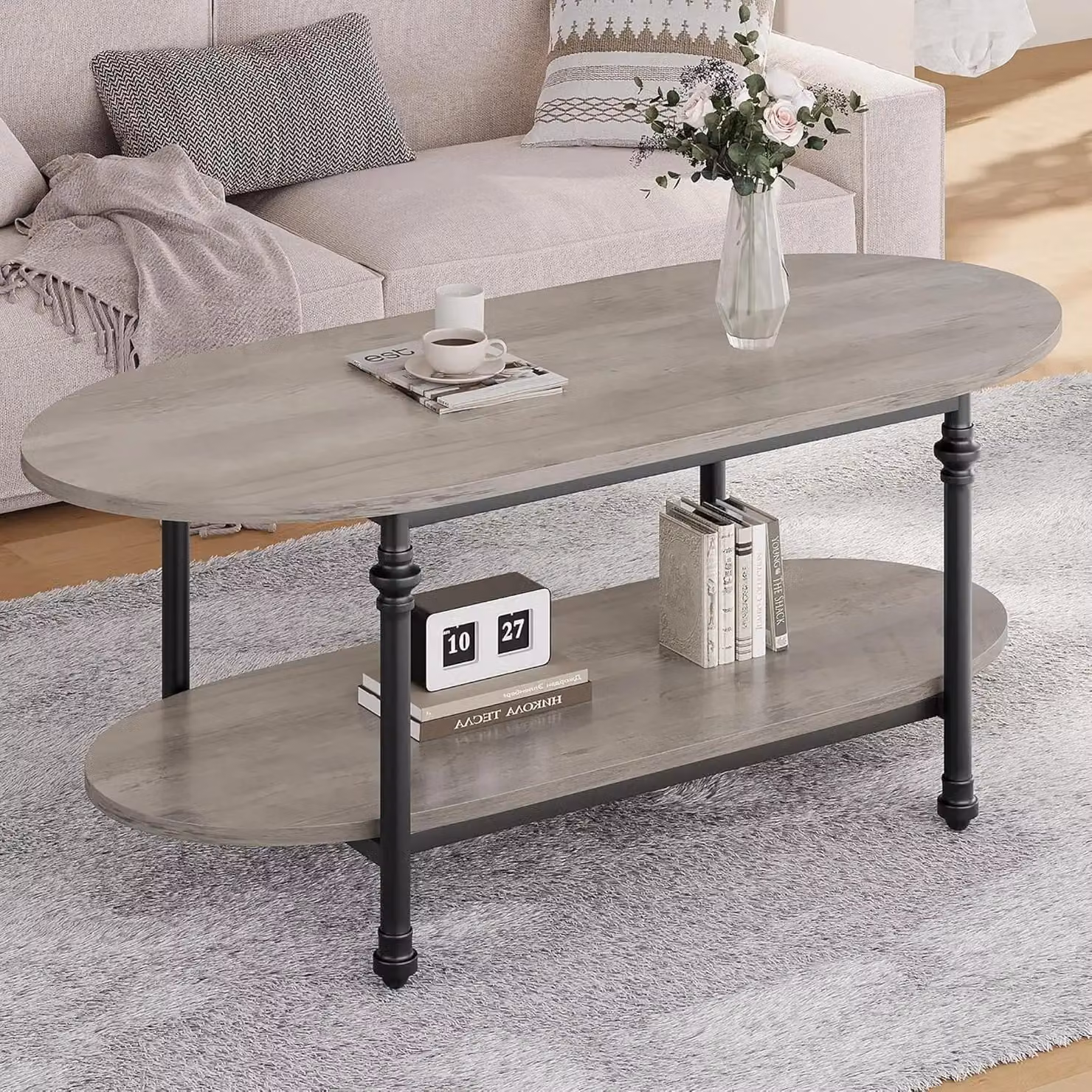 Tavolino ovale – Basso, con 2 ripiani, ideale per il soggiorno, 120 cm – Struttura in legno – Salvaspazio – Design retrò mid-century – Grigio
