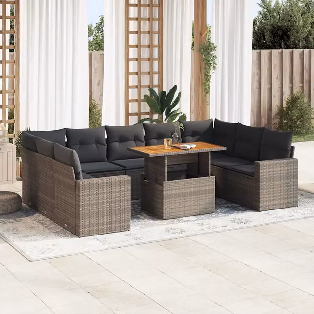 Set Divano da Giardino 10 Pezzi vidaXL in Polyrattan Grigio con Cuscini e Legno di Acacia Oliato