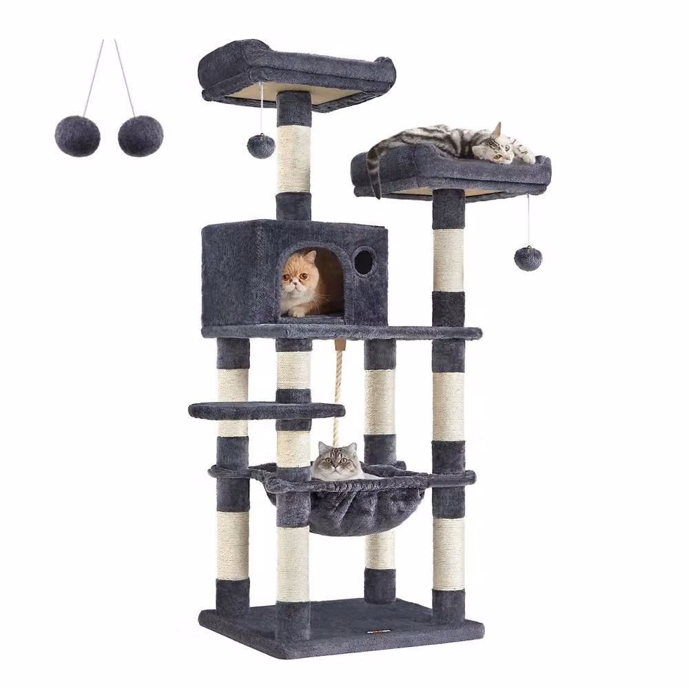 Albero per Gatti con Pali Graffiatoi Posatoi Grotta Amaca Pompon, Grigio Fumo