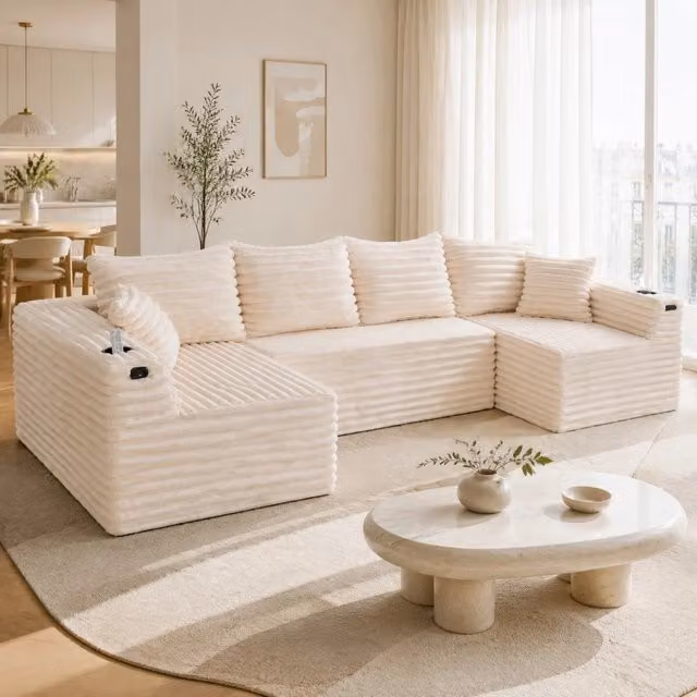 Divano modulare a U ULEVR 320x155x88 cm in velluto a coste beige, con portabevande, tasca laterale e 6 cuscini