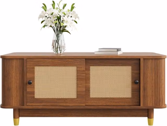Tavolino da caff¨¨ con ante scorrevoli in rattan, angoli arrotondati, vano contenitore, MDF, effetto legno, tavolo da soggiorno, design moderno