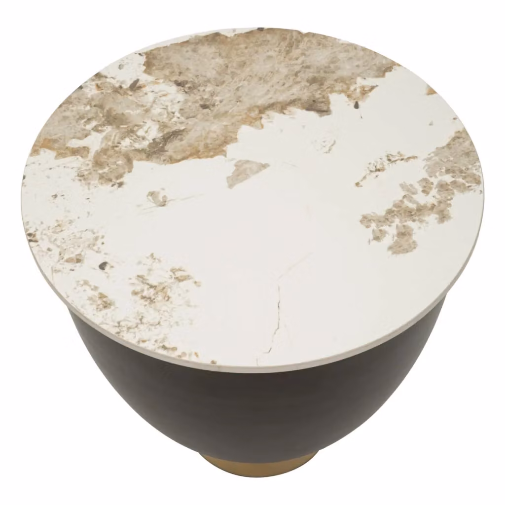 Tavolino Glam Kendra Home in metallo e ceramica effetto marmo, Bianco, Oro e Nero, L/P/H: 48 x 48 x 45 cm – 2
