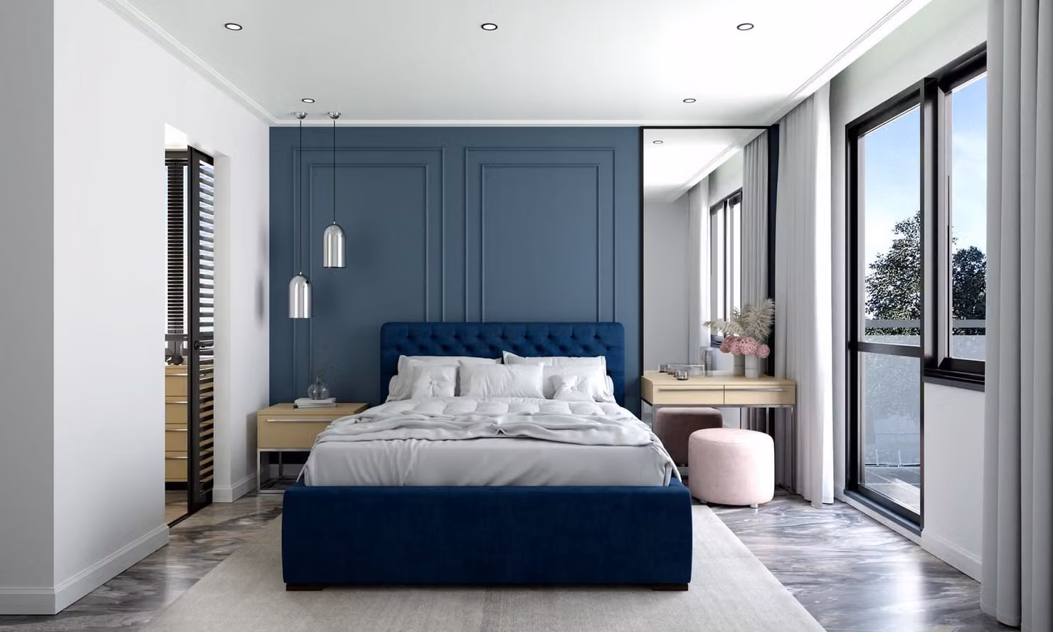 Bett Blau Modern Design Stoff Polster Schlafzimmer Doppelbett Holz Elegantes