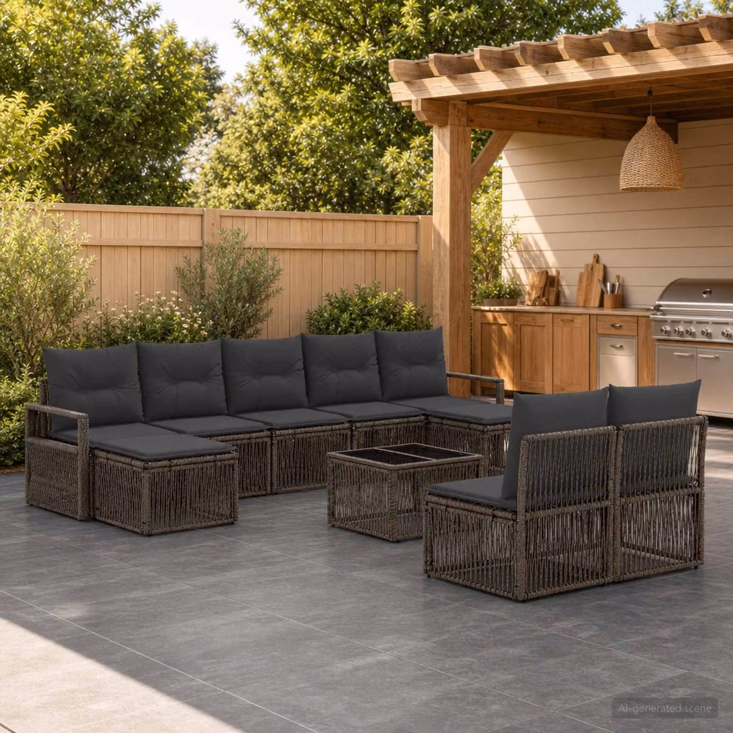 Set Divano da Giardino vidaXL a forma a U in Polyrattan Grigio con 10 Pezzi, Tavolino e Cuscini Inclusi