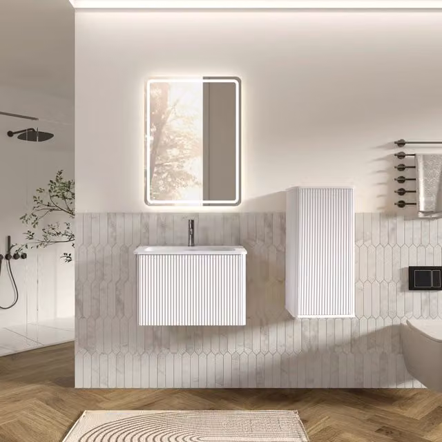 Set mobile bagno sospeso bianco con lavabo, specchio LED e colonna laterale