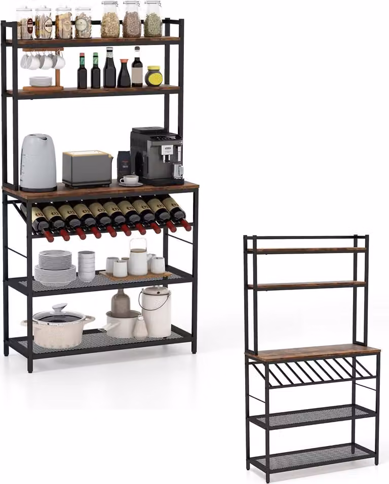 KOMFOTTEU Scaffale da cucina a 6 ripiani, scaffale da terra con portabottiglie, scaffale per microonde in metallo e legno, scaffale a rete con 6 ganci inclusi, 90x35x165 cm