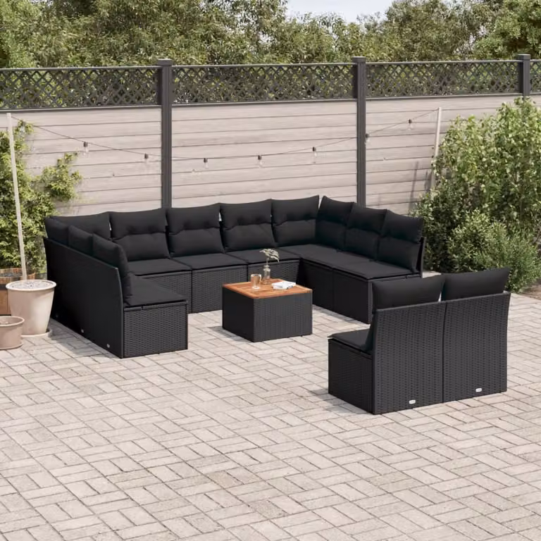 vidaXL Set Divani da Giardino a Forma di U in Polyrattan Nero con Cuscini e Tavolino da Caffè
