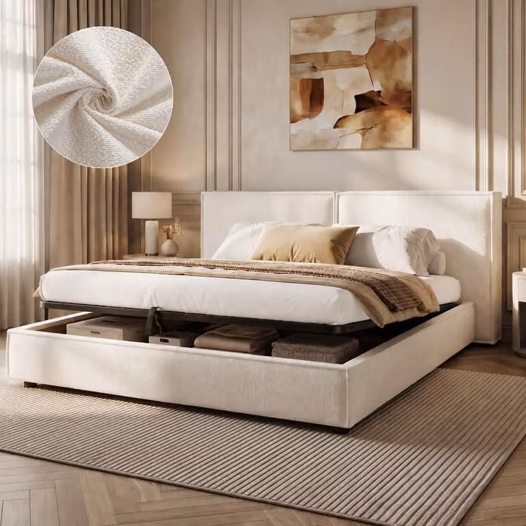 Letto imbottito 180 x 200 cm con rivestimento in tessuto bouclé e contenitore a sollevamento idraulico – Letto matrimoniale a motivi geometrici, con dettagli plissettati e rete a doghe, letto contenitore bianco