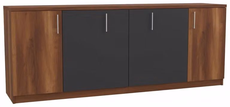 Elegante credenza in stile moderno, marrone e nero, con struttura in legno