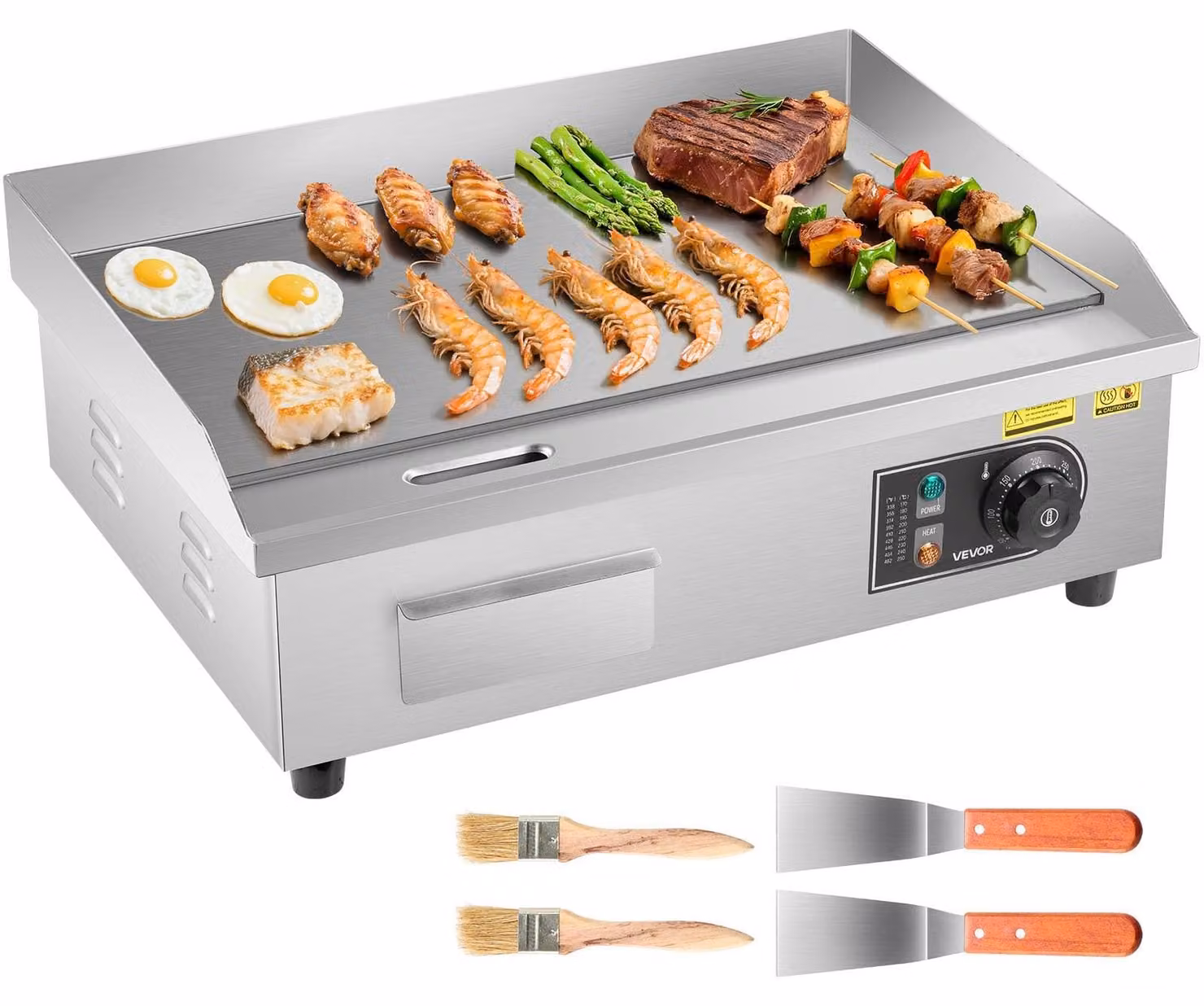 Piastra grill elettrica, dimensioni 535 x 300 mm, 3200 W, temperatura regolabile da 50 a 300 °C, in acciaio inossidabile