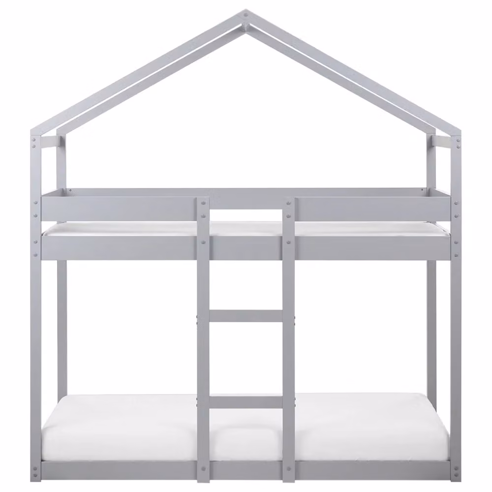 Letto a castello BELIANI in legno di pino grigio con struttura a forma di casa per cameretta dei bambini L/P/H: 200 x 90 x 230 cm – 2