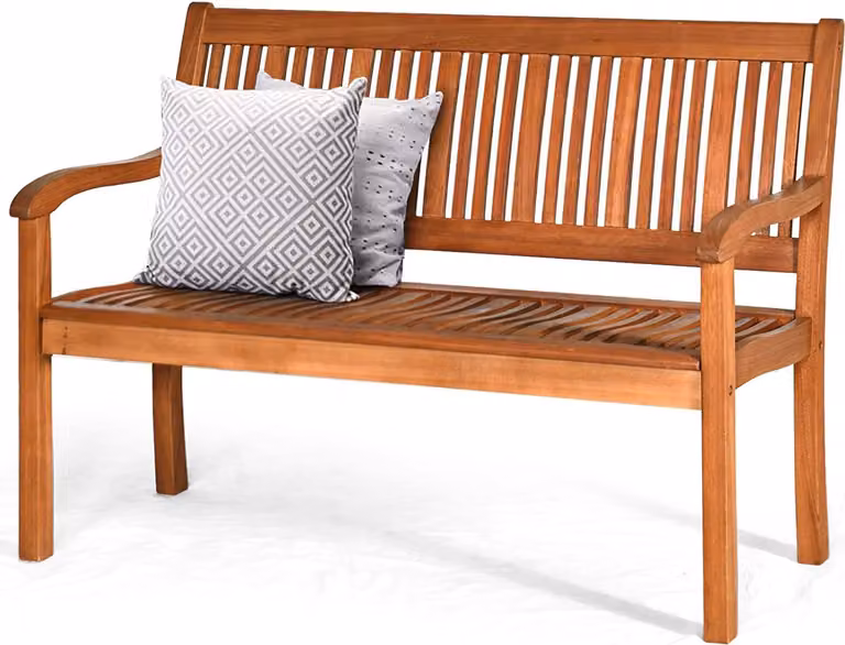 Panchina da giardino KOMFOTTEU, panchina in legno di eucalipto, resistente fino a 360 kg, panchina da parco per balcone, giardino, terrazza, 126 x 63 x 91 cm