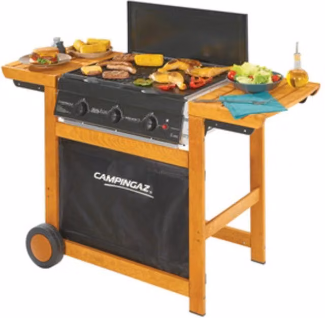 Barbecue Dualgas Adelaide 3 Woody 14KW Campin Gaz Italia in acciaio e legno marrone con griglia in ghisa su carrello