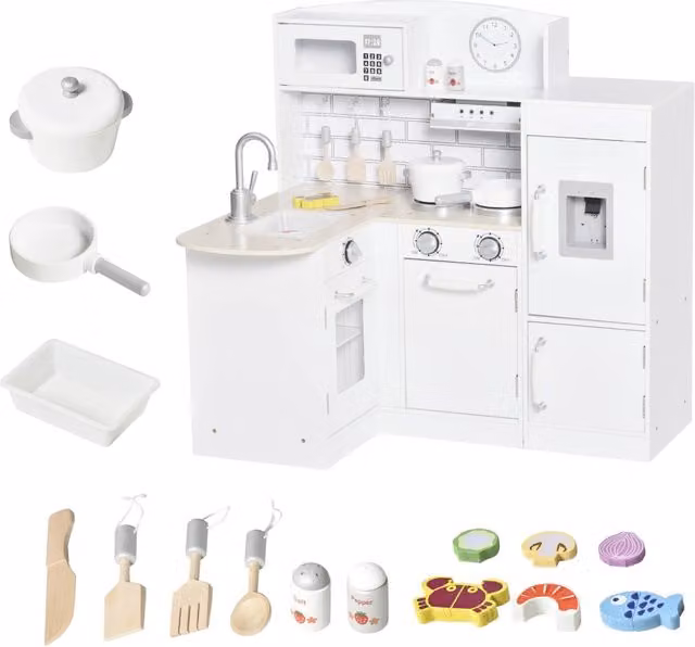 Cucina Giocattolo XYLO in Legno con 14 Accessori e Dispenser d'Acqua Elettrico, Bianco, L 86 cm x P 64 cm x H 84,5 cm