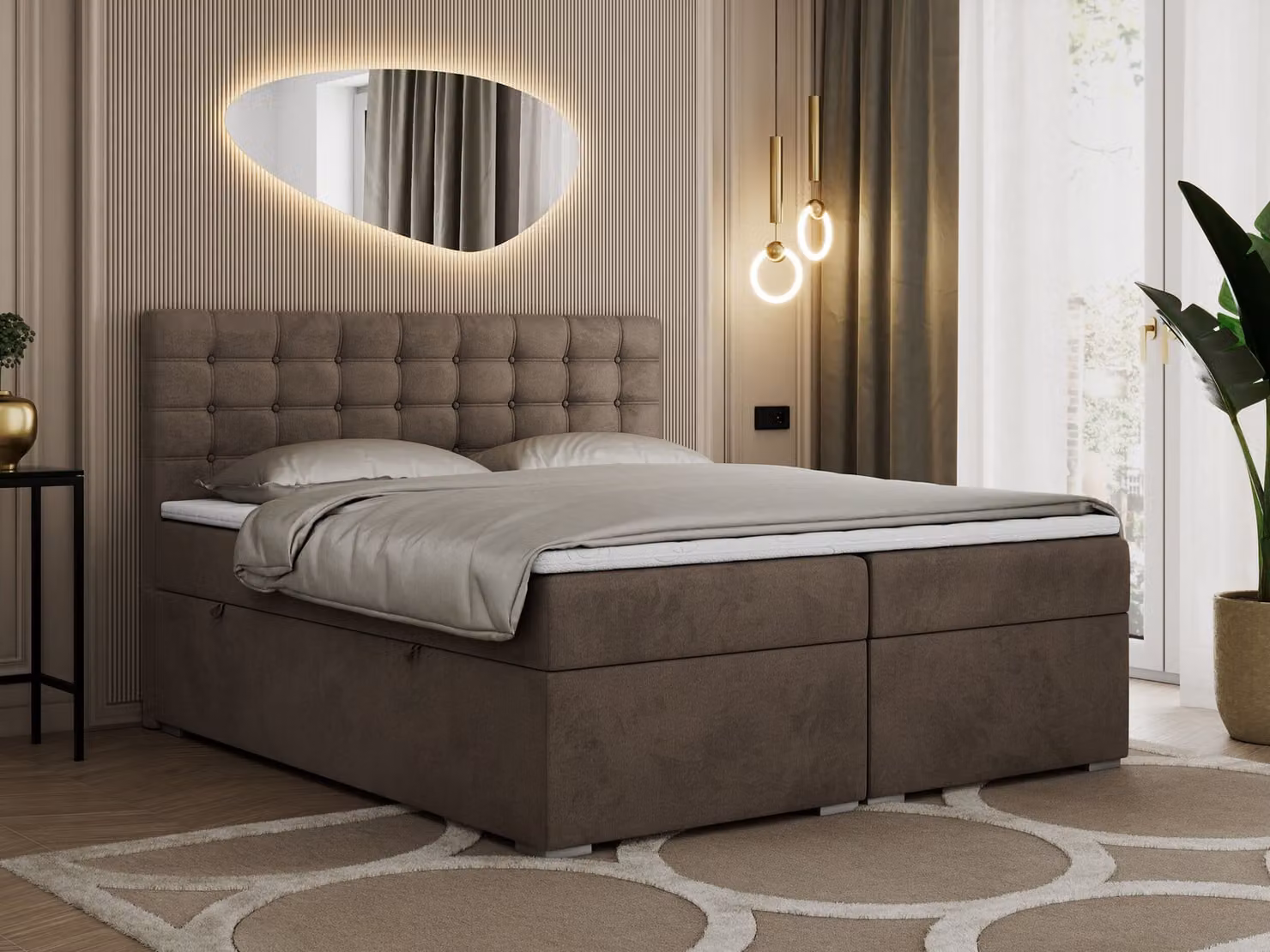 Letto boxspring 160x200 con contenitore, letto 160x200 con materasso e topper - SUSAN - 160x200 - Marrone - Velvet - H4