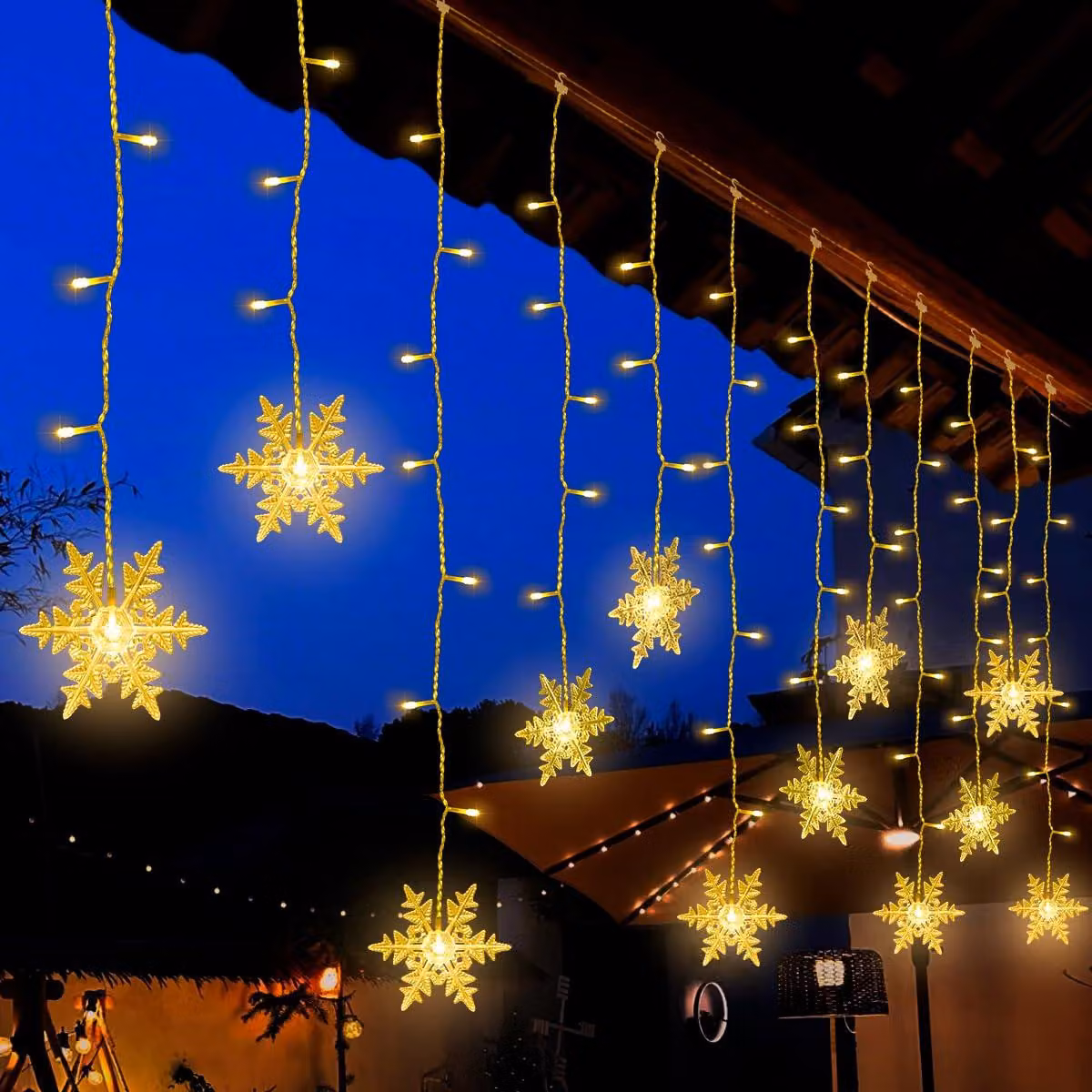 Tenda luminosa a forma di fiocchi di neve a LED, 3,6 metri, 94 LED bianco caldo, 8 modalità, grado di protezione IP44