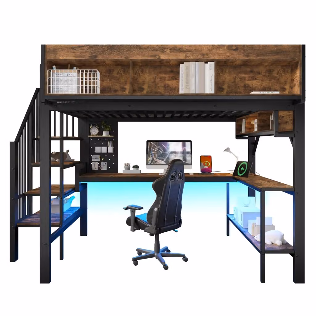 Letto a soppalco in stile industriale con scrivania angolare, mensole, porta USB Tipo-C e illuminazione LED, L/P: 140 x 200 cm, colori marrone e nero – 2