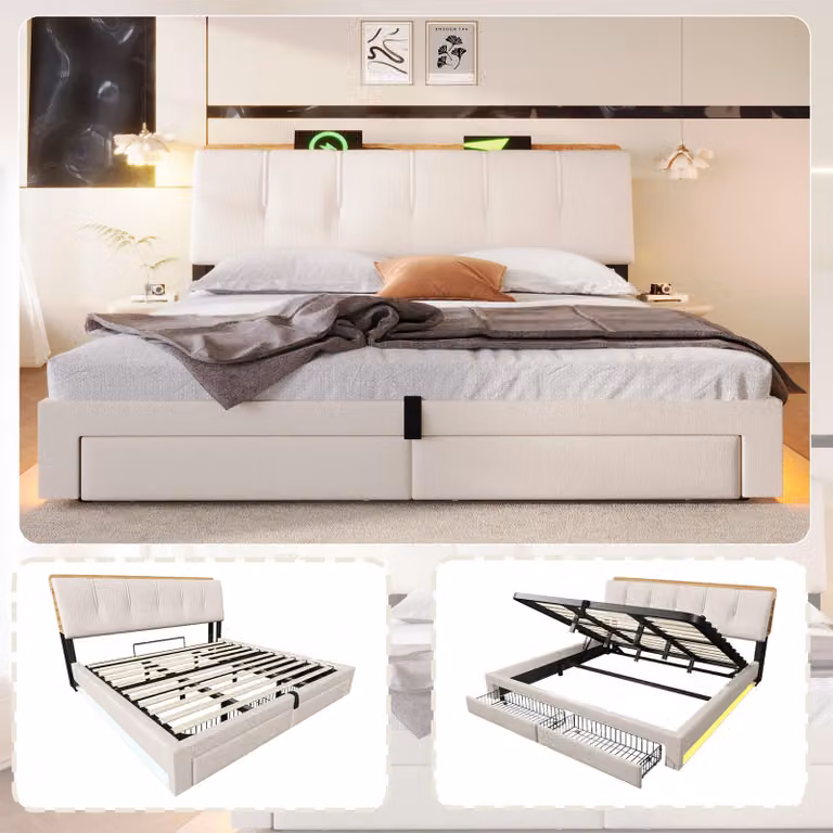 Letto imbottito 180x200 cm con sistema di sollevamento idraulico, cassetti, porte USB e di tipo C, illuminazione LED controllabile tramite touch o app, testiera con vani portaoggetti, colore beige lino