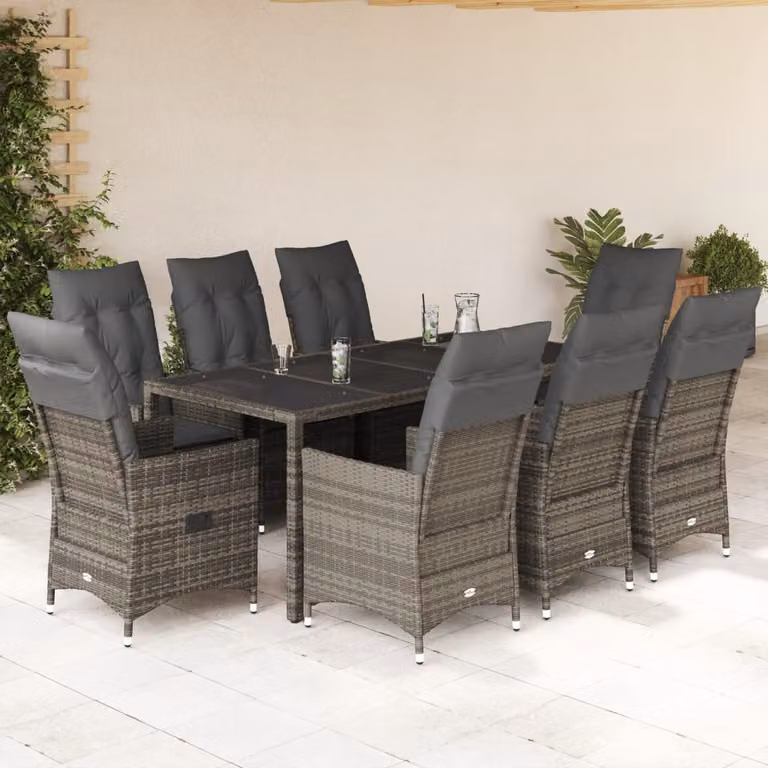 Set da Pranzo da Giardino vidaXL 9 pz in Polyrattan e Metallo con Piano in Vetro Grigio