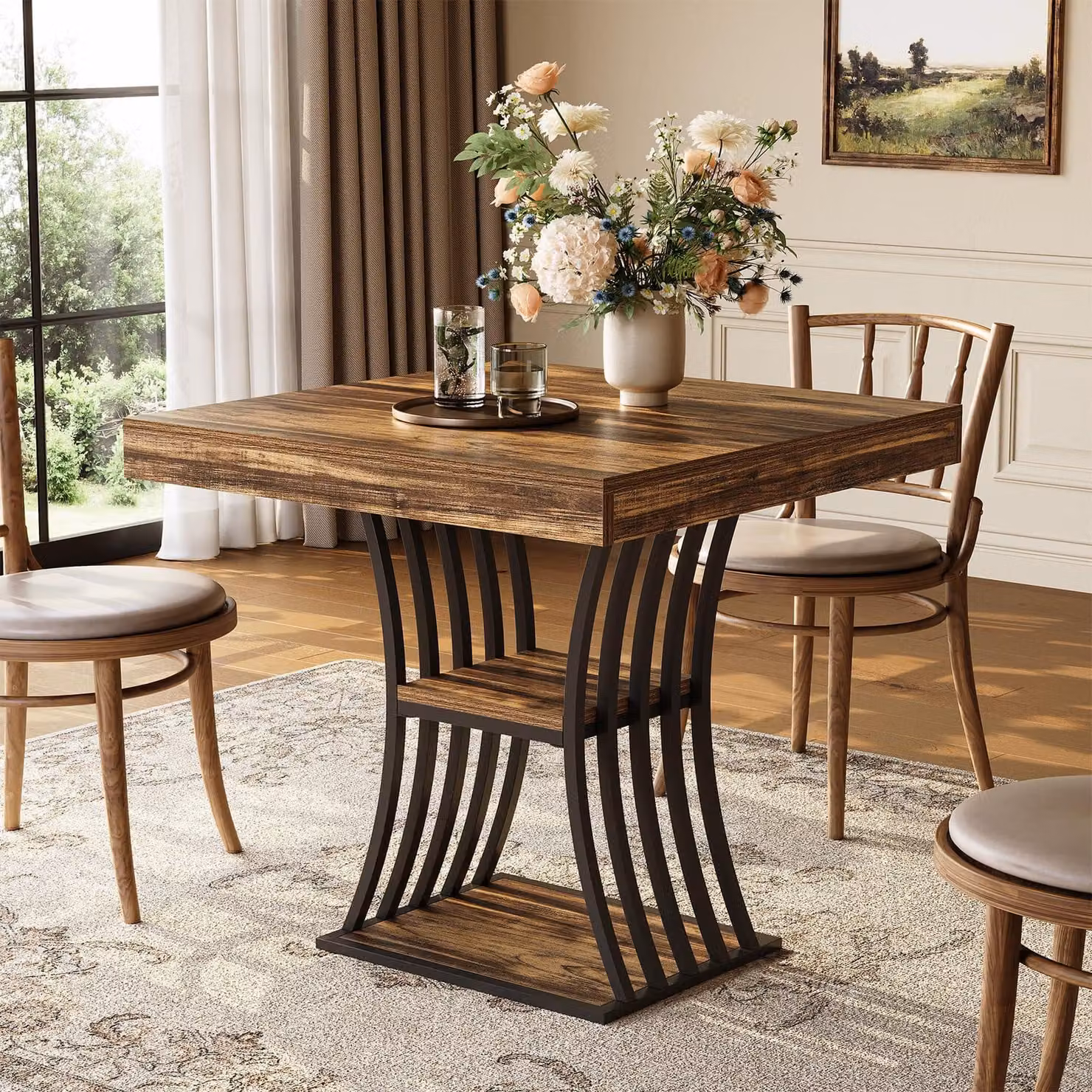 Tavolo da pranzo Tribesigns per 4 persone, stile industriale, con 2 vani portaoggetti, 80 x 80 x 76 cm, tavolo da cucina sala da pranzo, soggiorno, rustico marrone